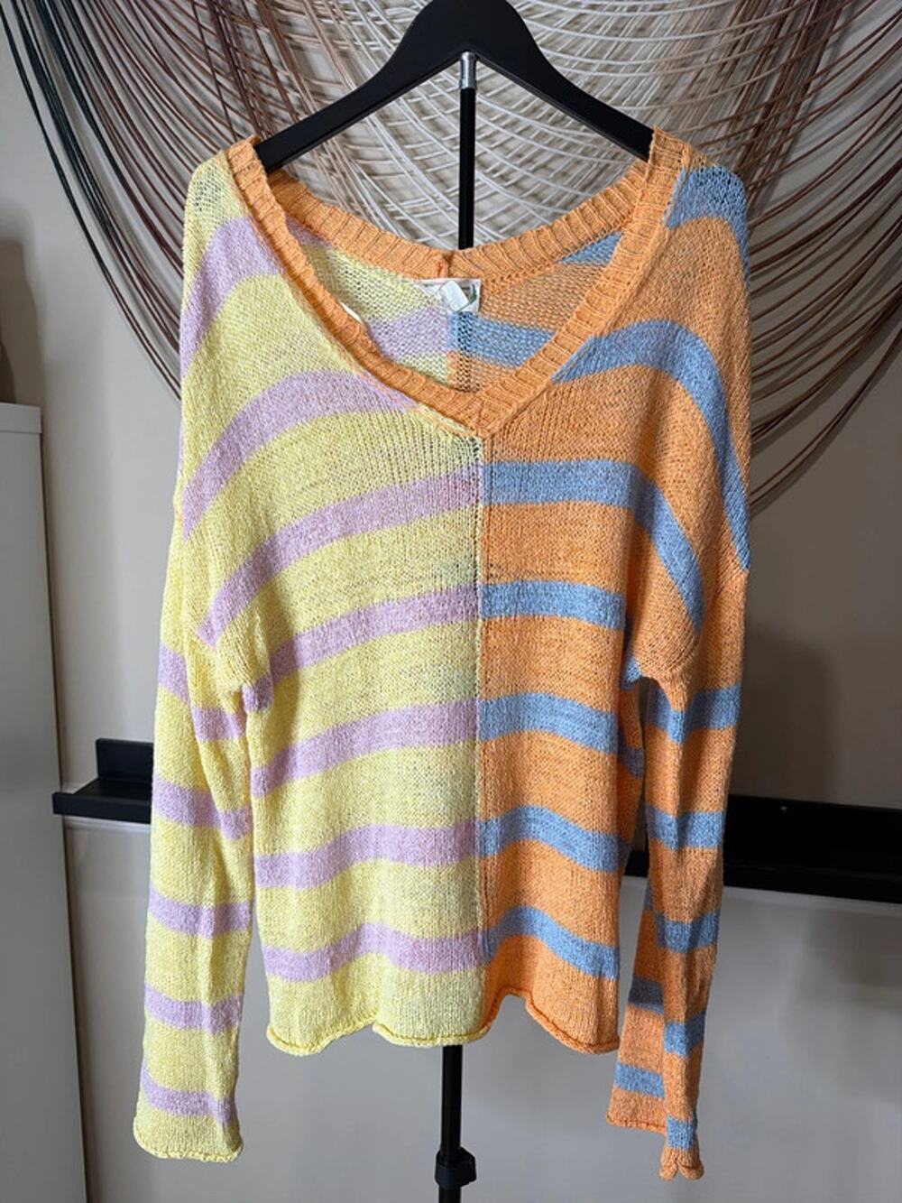 Loveriche stripe oversize V-neck knit sweater M 3396